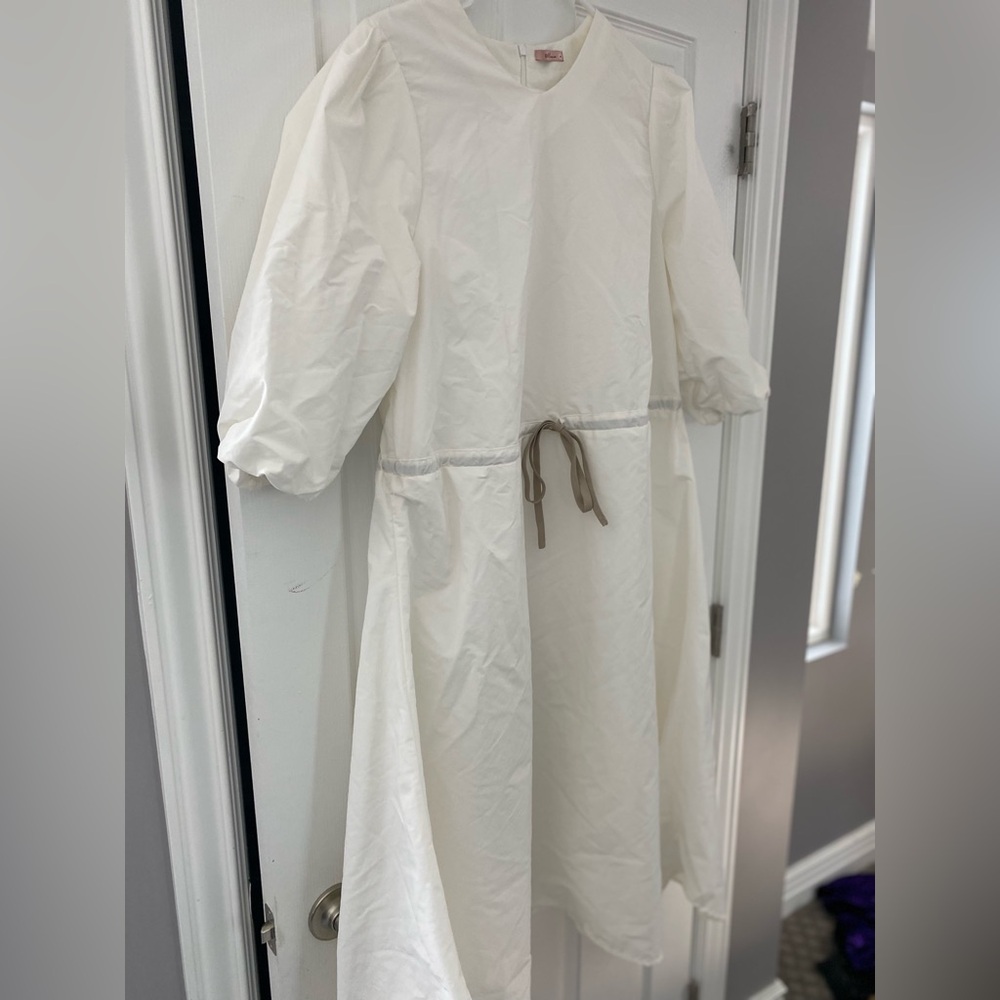 Elegant Designer White Midi Dress by Udel NY- Puffy sleeves with slip included